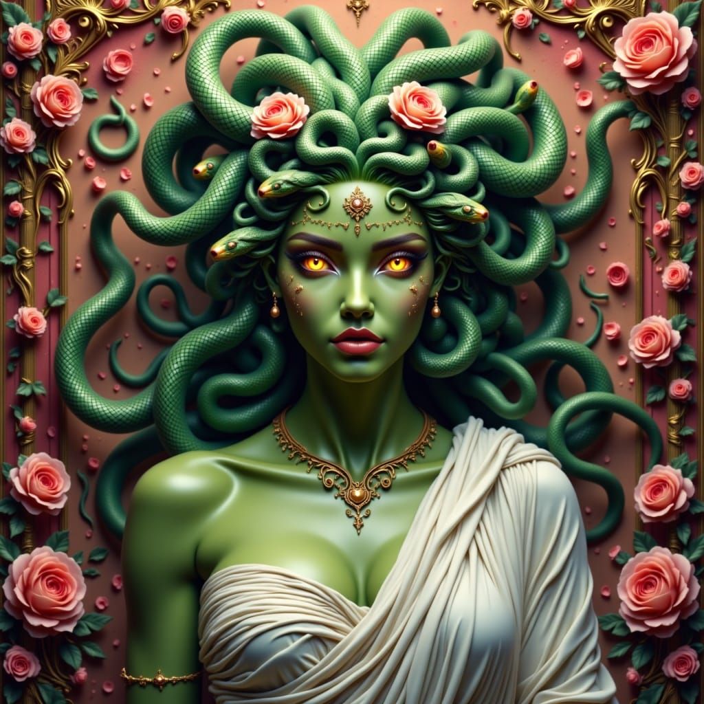 beautiful medusa, snakes for hair, ancient greek attire, bright yellow eyes, floral valentines background <lora:Medusa:1.0> 