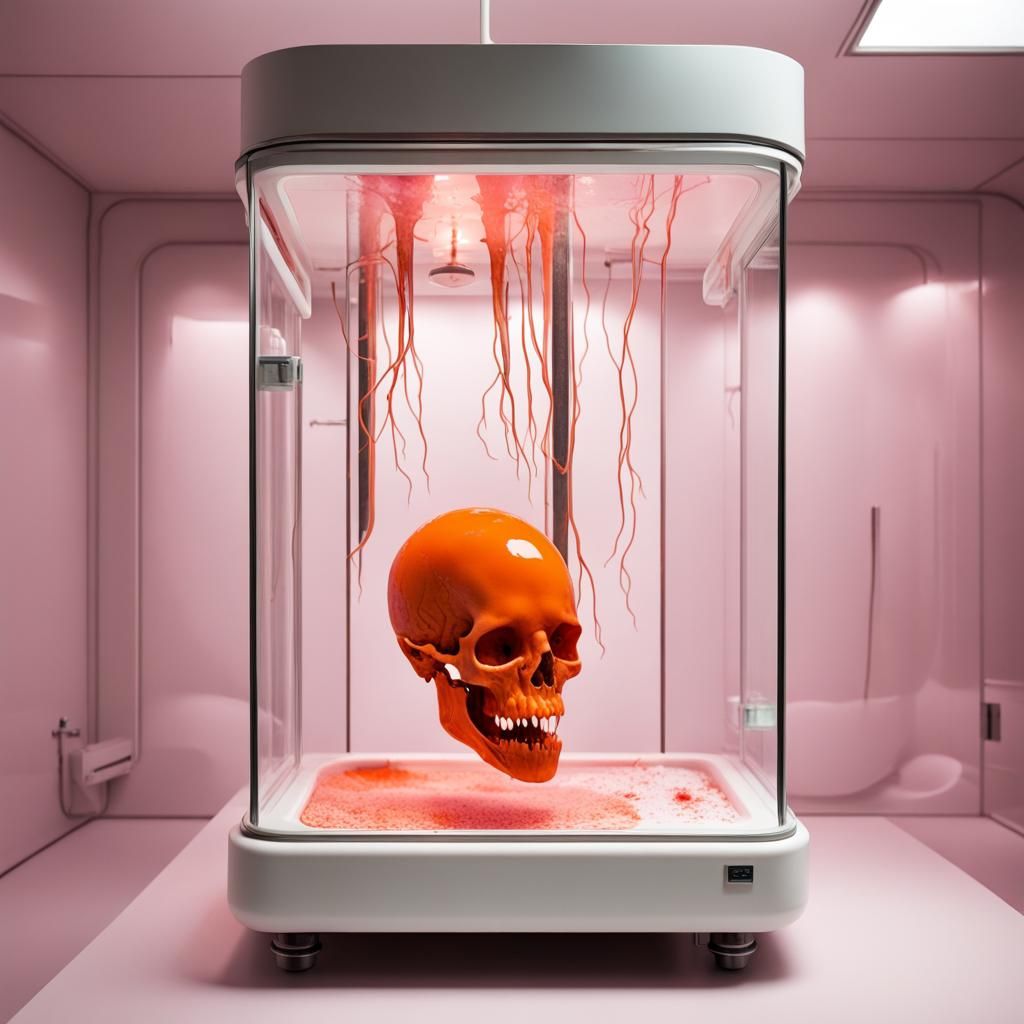 A metal, glass, and orange-and-white porcelain clone tank wi...