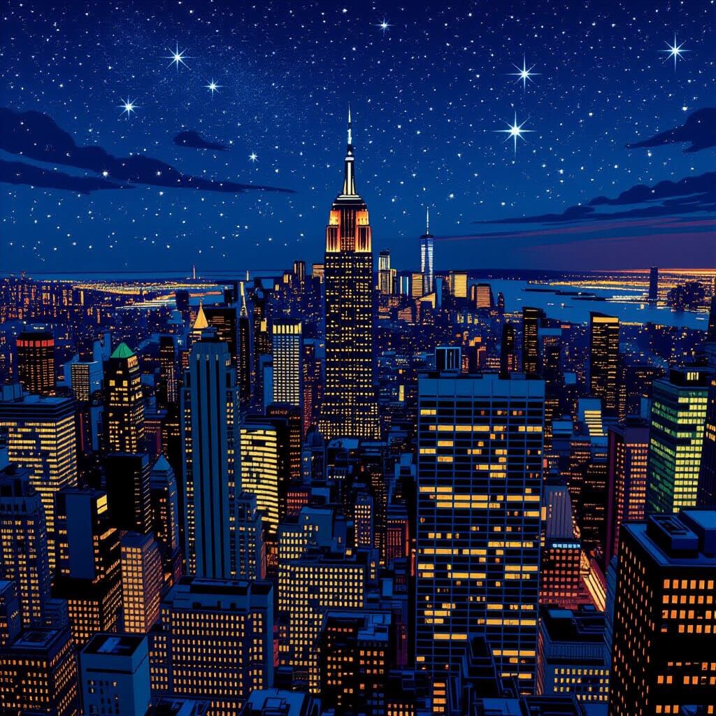 Nighttime New York Skyscrapers in Comic Book Style
