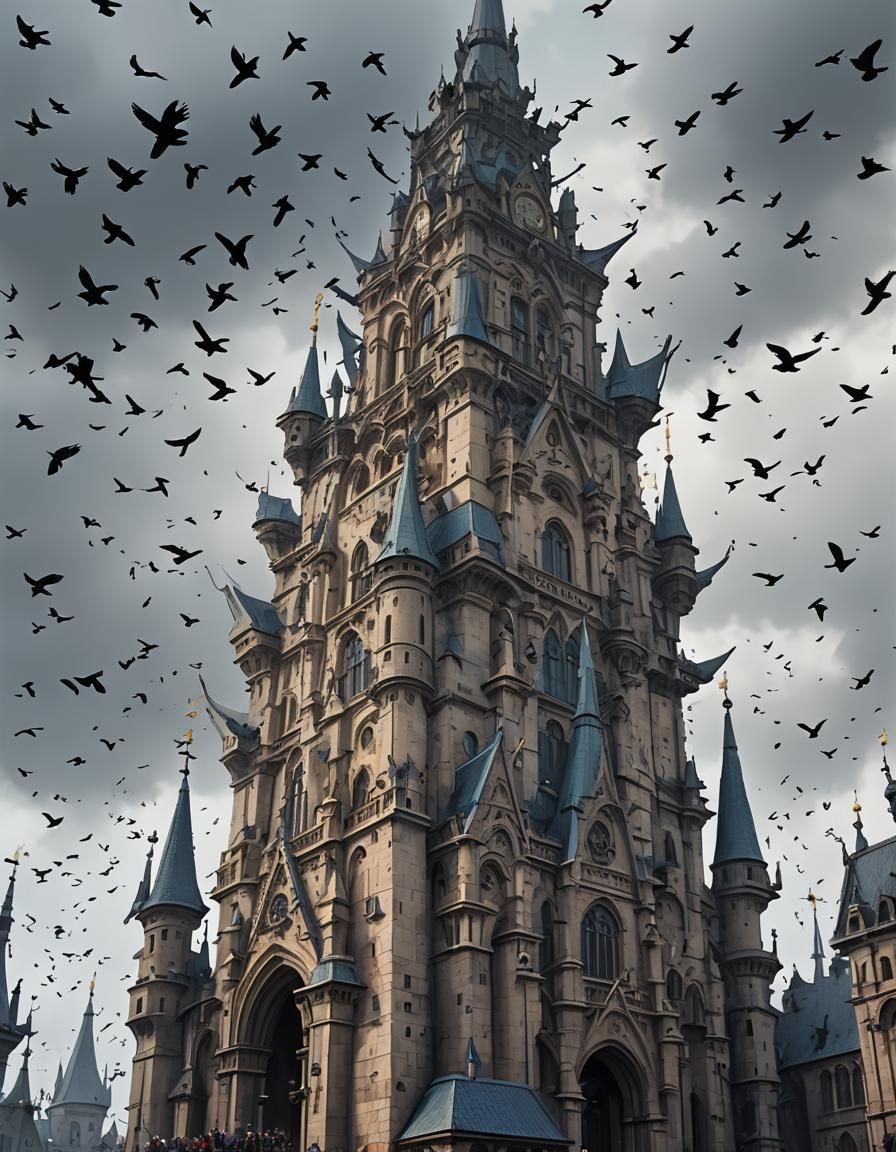 crowded spires, flock of birds, overcast, seen from ground