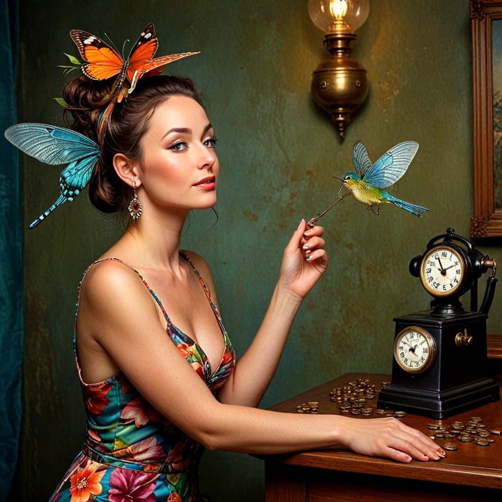 Surrealistic Portrait of a Vibrant Lady in a Fantastical Sce...