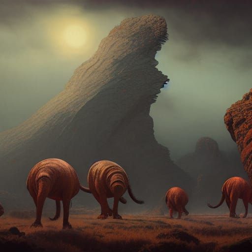 Circus Nightmare Triassic landscape expansive lifelike hyper...