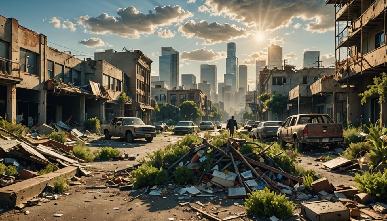 idyllic scene, photograph of post apocalyptic los angeles, early morning sun streaming in the blue sky through the detailed intricate clouds...