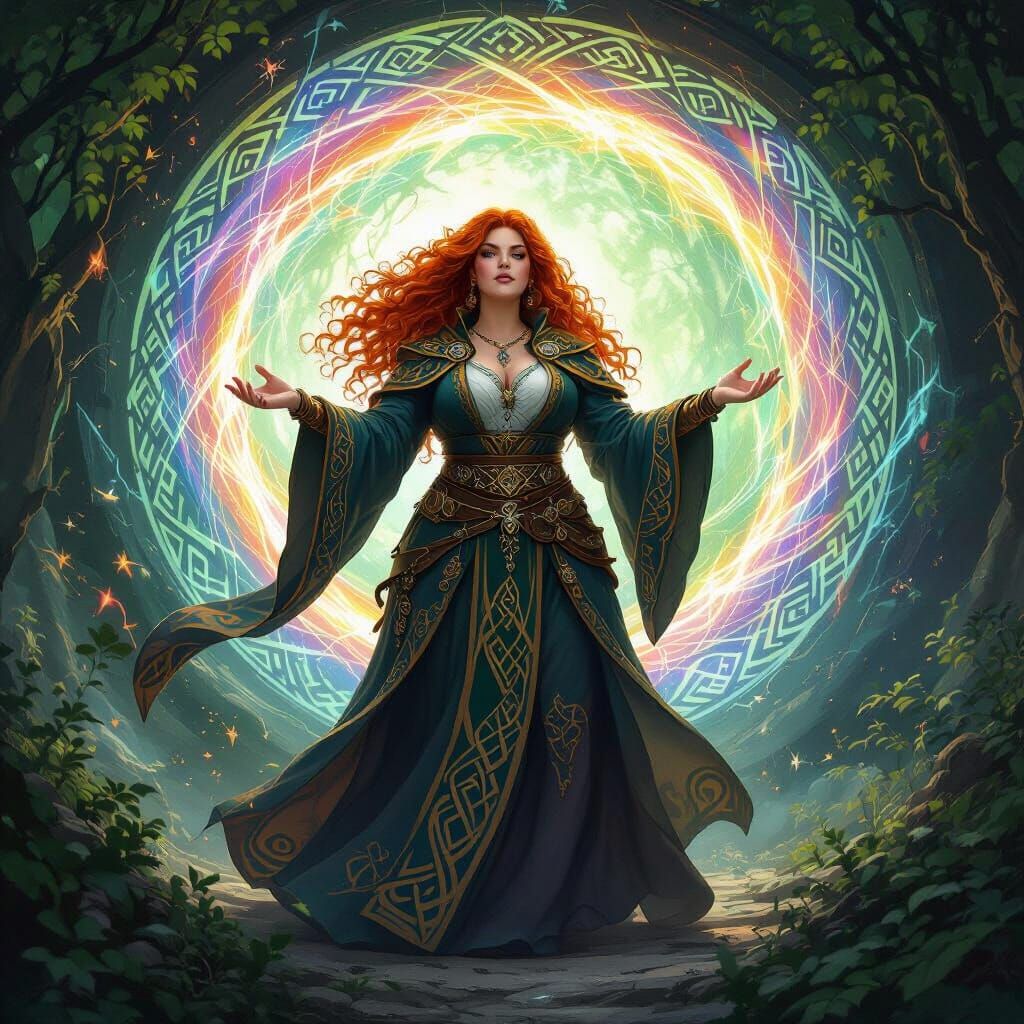 : A plus-size sorceress with fiery red hair, clad in intricately designed robes adorned with Celtic knot patterns, stands poised in the cent...