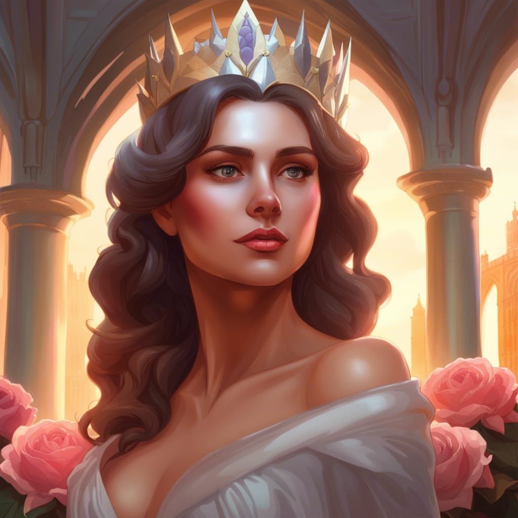 Queen in a long evening dress and a beautiful crown, in fron...