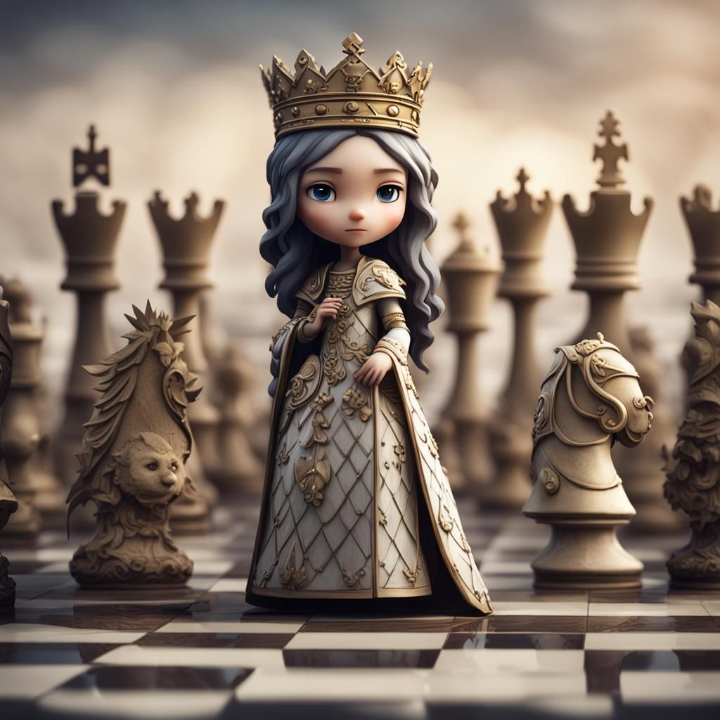 closeup of a   chibi Chess queen standing regally in the cen...