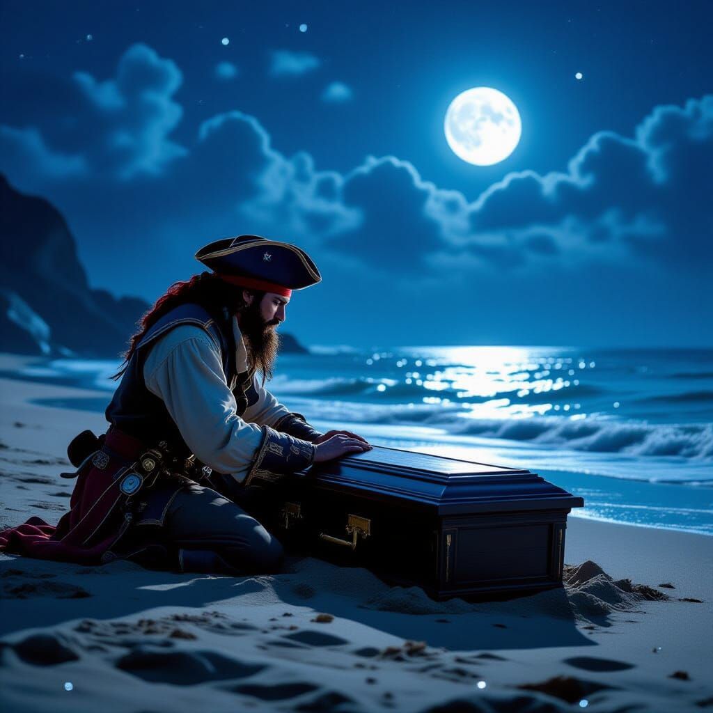 A pirate buries a coffin on the seashore. In the moonlight.  by @Shadowbird