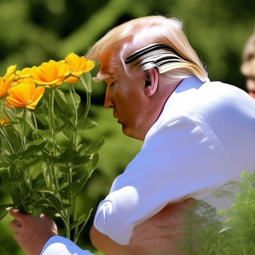 Donald Trump sniffing some flowers