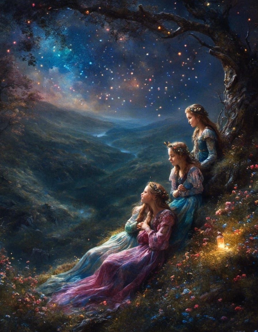 A photo, fantasy style, two elves sleeping under a night ful...