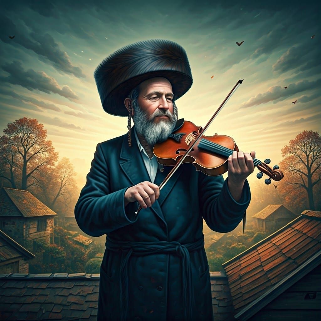 יהודי חסידי לבוש שטריימל שמח ,על הגג עם כינור בעיירה הקטנה וכל הבריאה שמח איתו