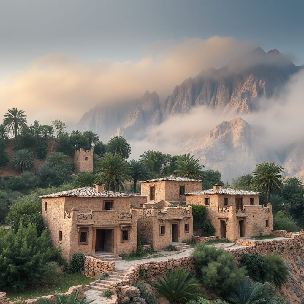 Ancient stone houses nestled in a lush mountainous landscape inspired by Tanomah, Saudi Arabia. The scene ...  by @AlShahriFX