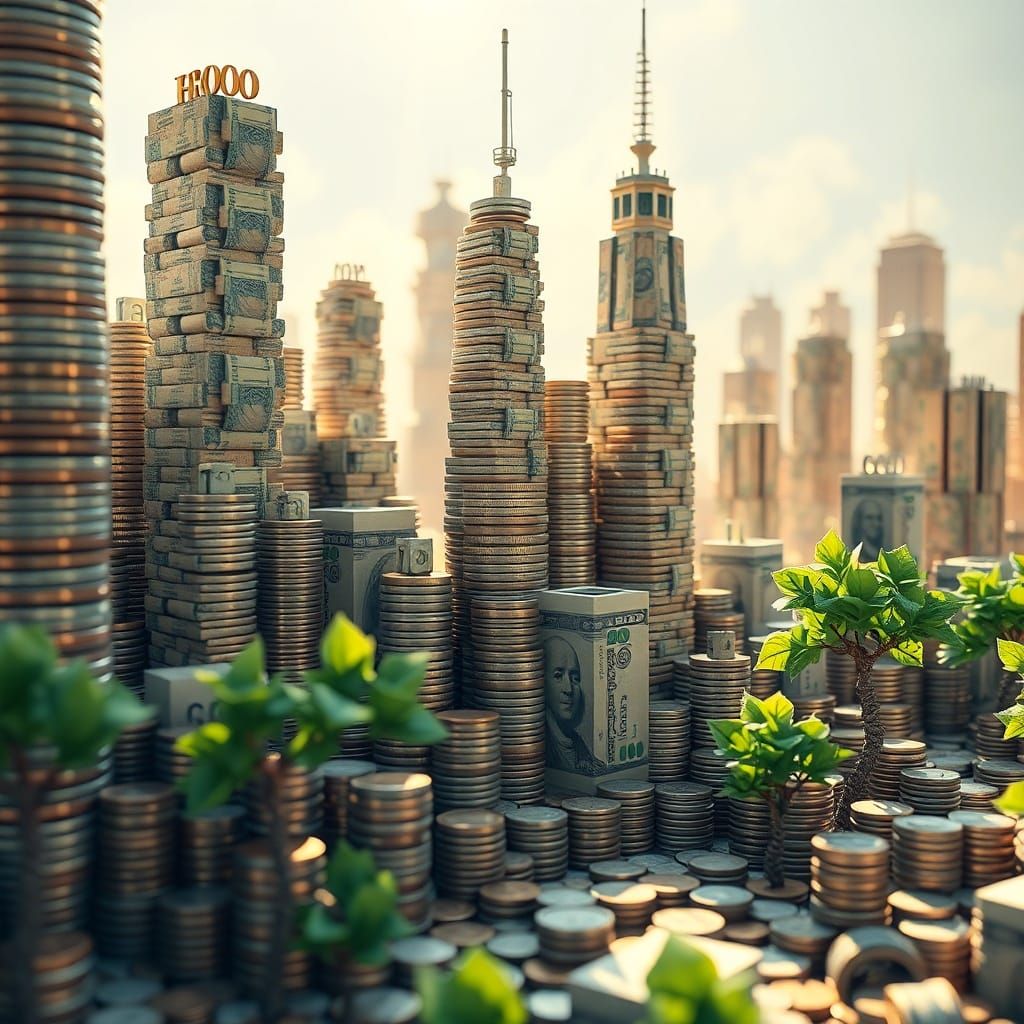 A photo realistic city made entirely of coins and paper money. Trees have paper money for leaves  by @Heidi B