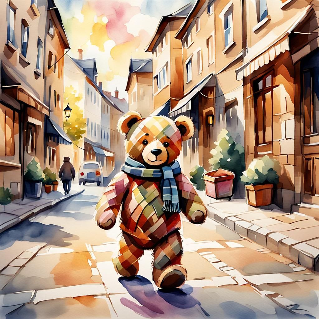 Nostalgic Teddy Bear in Watercolor Cityscape