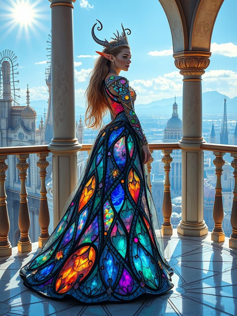 A regal elven queen stands on a balcony overlooking a crystalline city  by @Karasu Tepes
