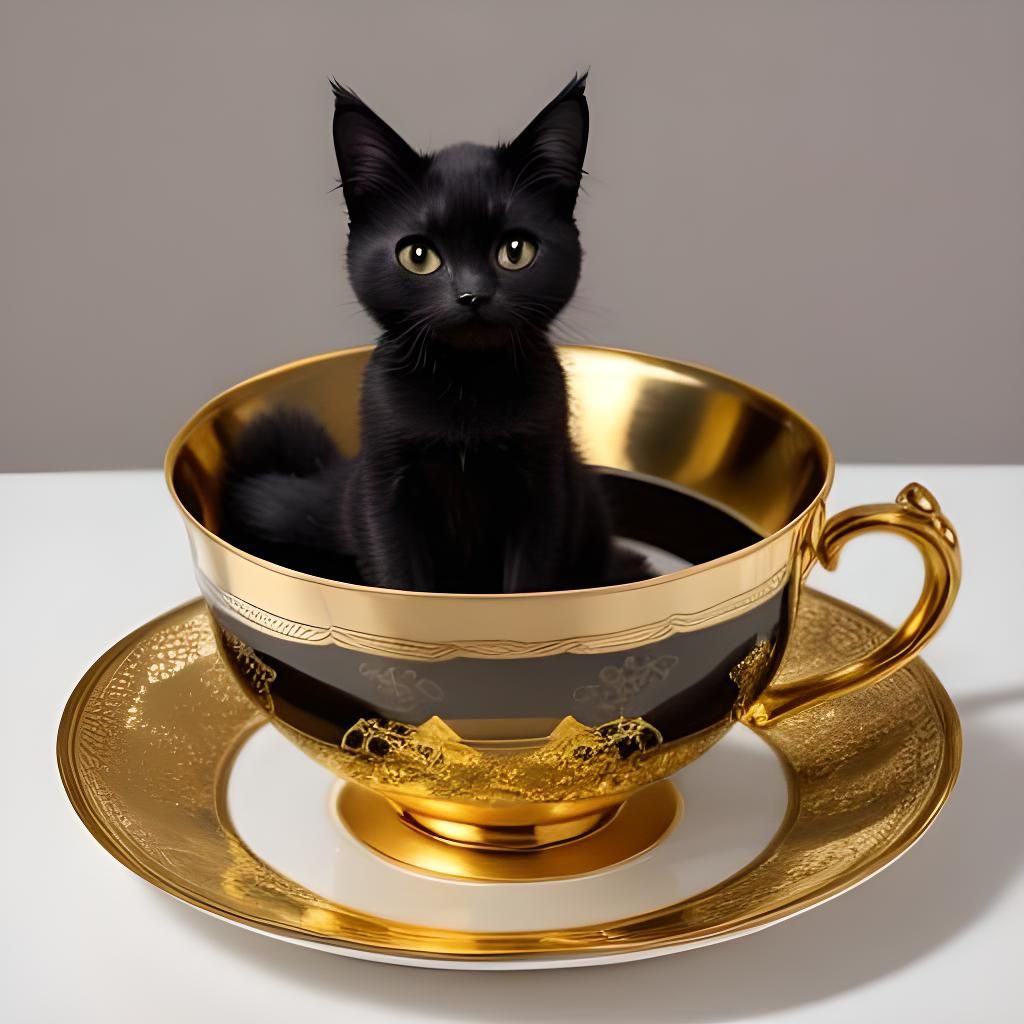 Black kitten sitting in an intricate golden tea cup