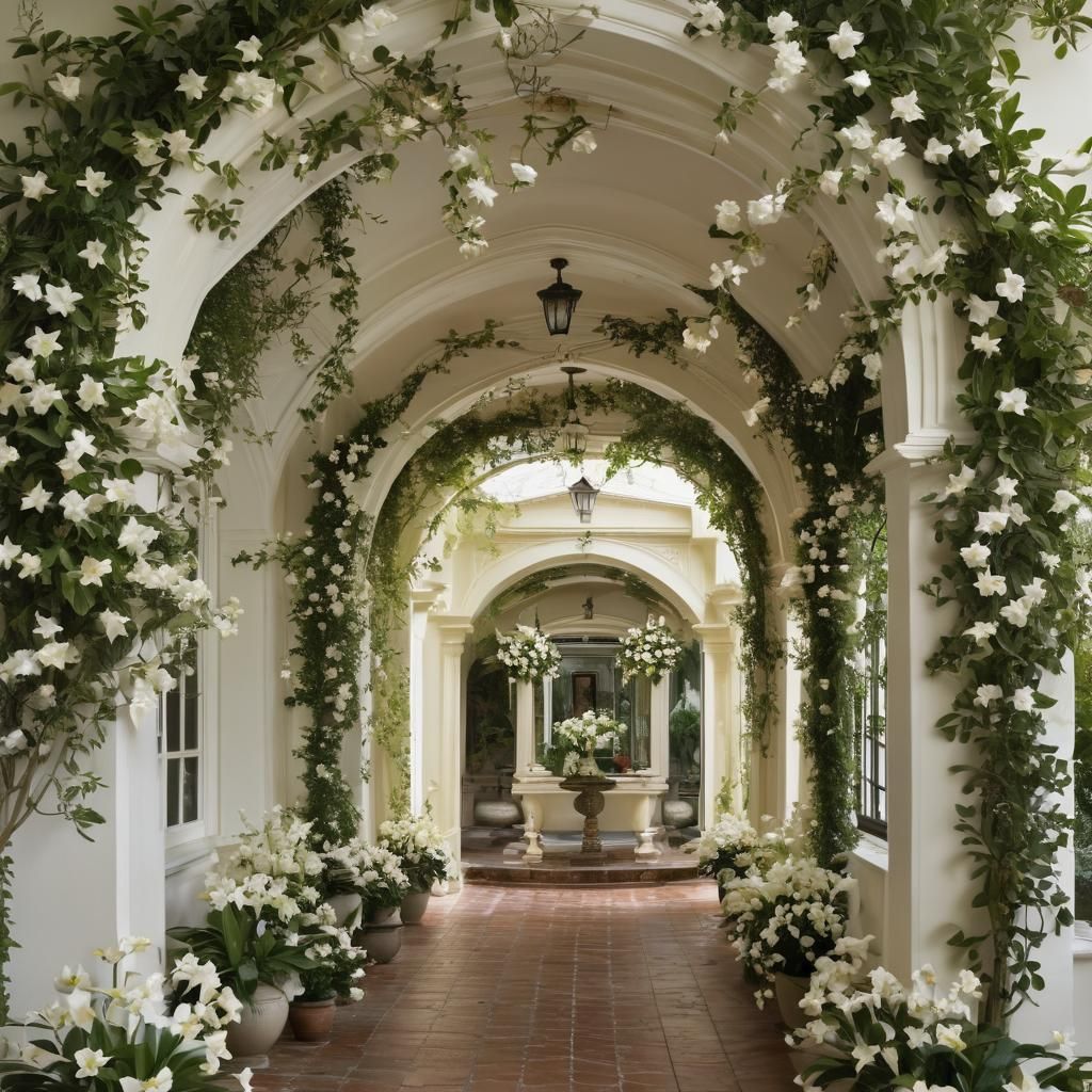 "The hall exudes elegance with night-blooming jasmine vines draped along walls and arches, and gardenia flowers in ornate vases, filling the...