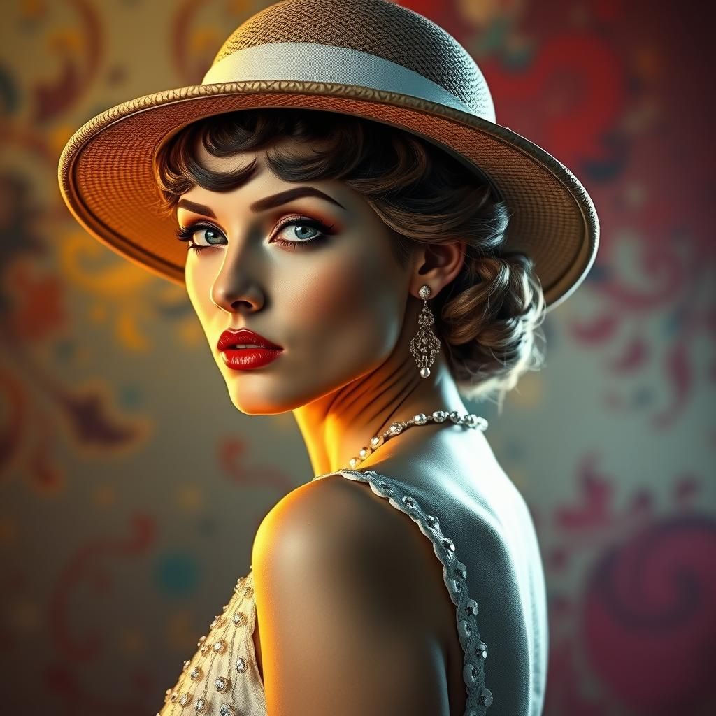 1920's woman wearing a hat and white sequined flapper dress