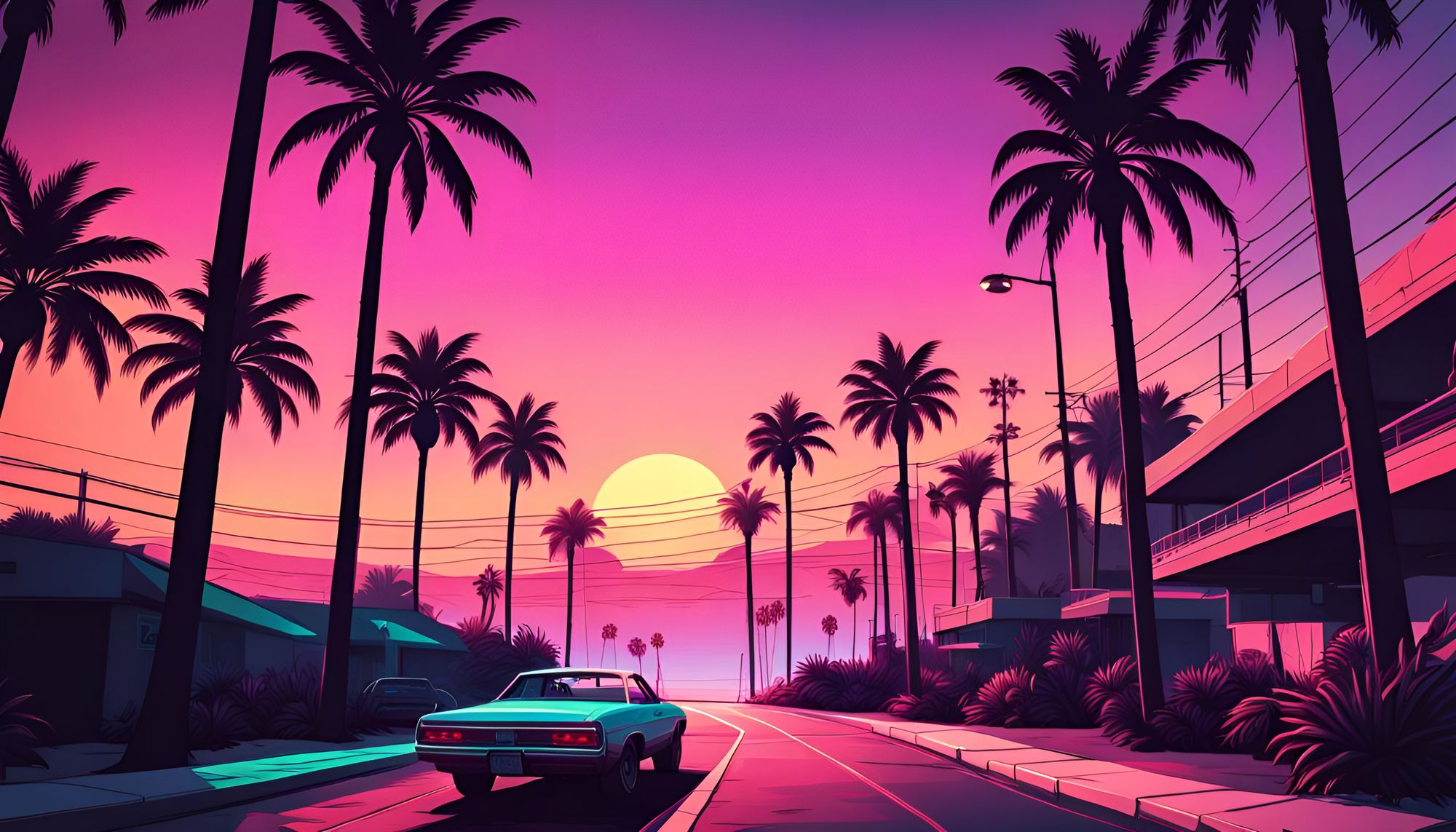 AI art, Grand Theft Auto: Vice City, skyline, palm trees | 2912x1632  Wallpaper - wallhaven.cc