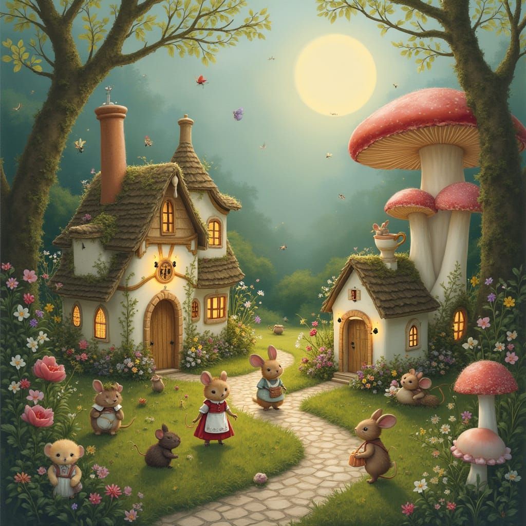 A whimsical scene of a tiny teacup village hidden in a meadow. Each delicate porcelain teacup is turned into a little cottage with glowing w...