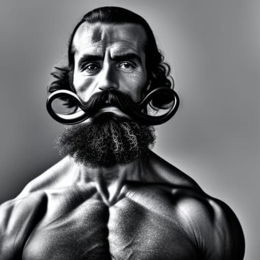 Strong muscular well toned  man with large handlebar moustac...