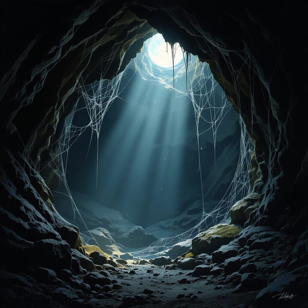 Moonlit Cave Entrance with Hanging Cobwebs