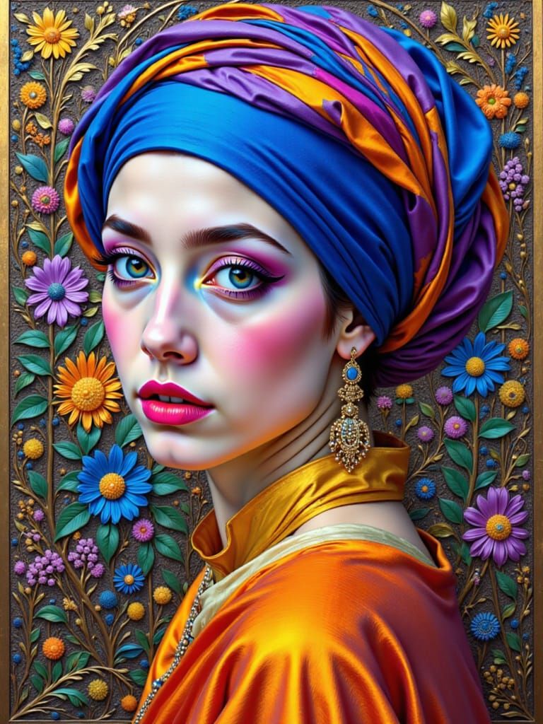 <lora:Radiant Portraiture:1.0> Imagine Girl with a Pearl Earring reimagined by Egon Schiele in Art Deco style. 
Blue fuchsia orange lilac go...