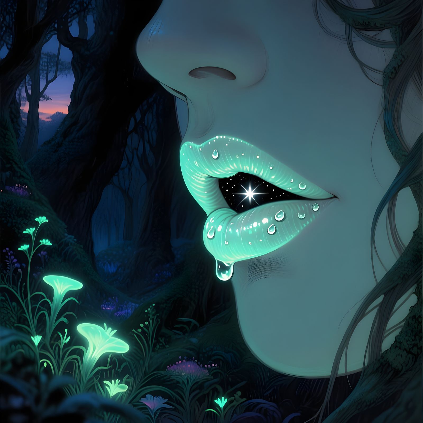 Luminous Lips in Enchanted Forest Twilight