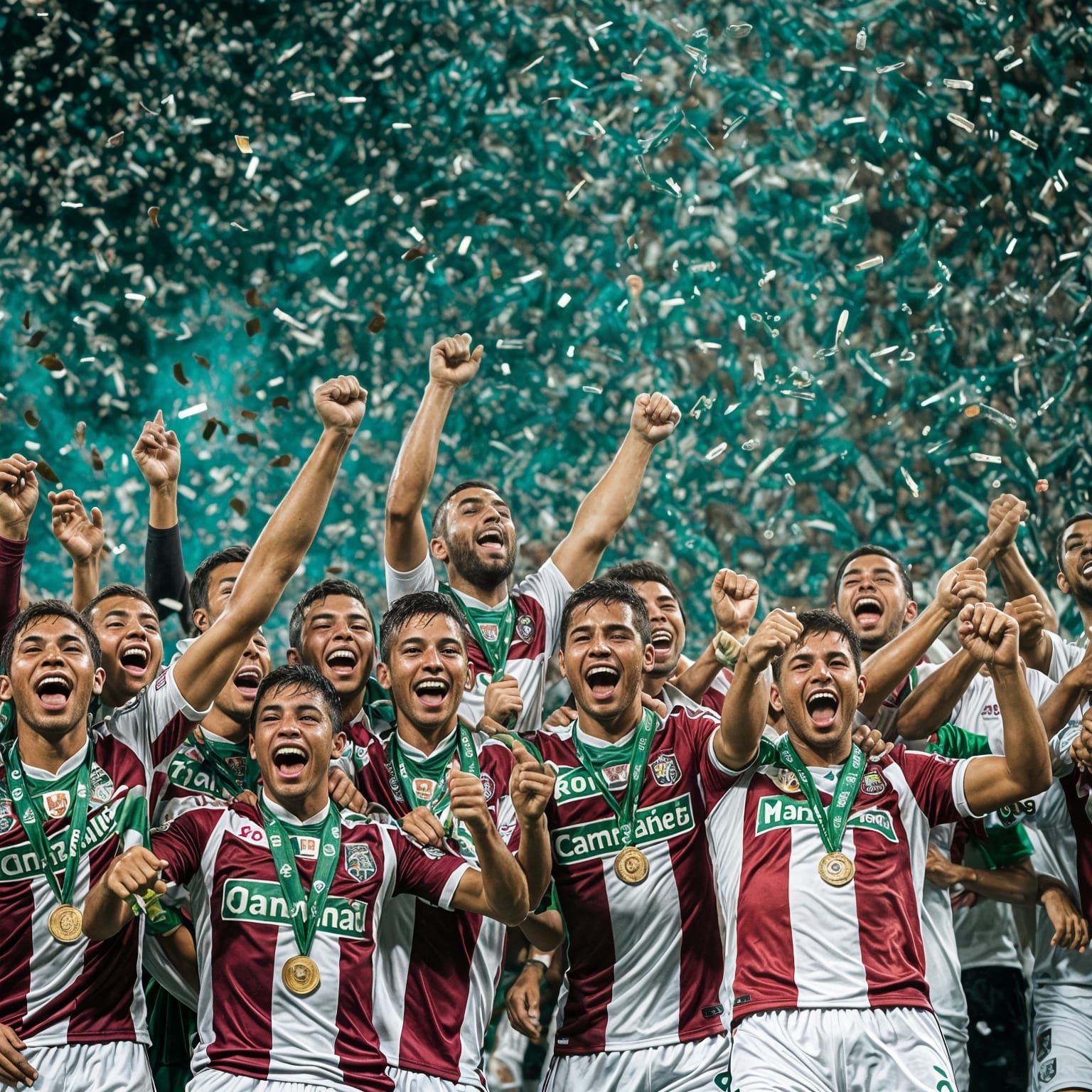 team of fluminense football club from rio de janeiro wearing a green, maroon and white shirt win the championship Professional photography, bokeh, natural lighting, canon lens, shot on dslr 64 megapixels sharp focus
