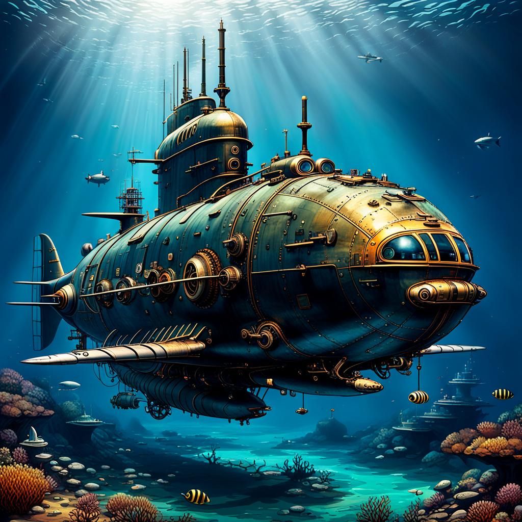 The massive yet graceful Seaview steampunk submarine