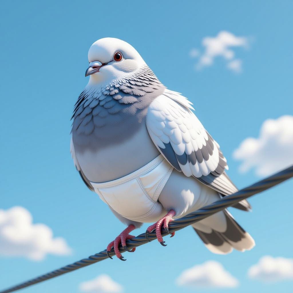 Cute Pigeon in Diaper on Electric Wire
