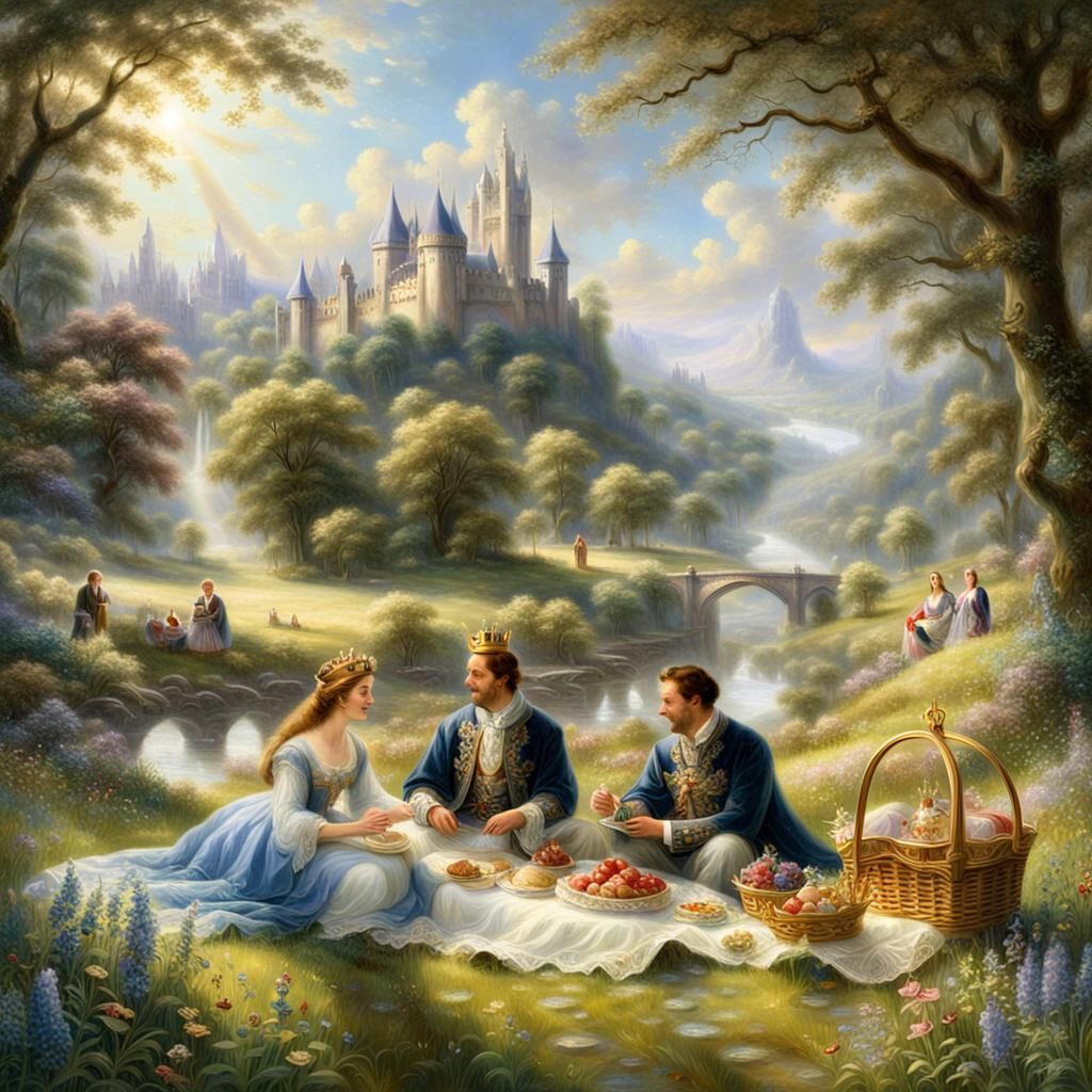 Aquarell einer königlichen sommerlichen Picknick-Gesellschaf...