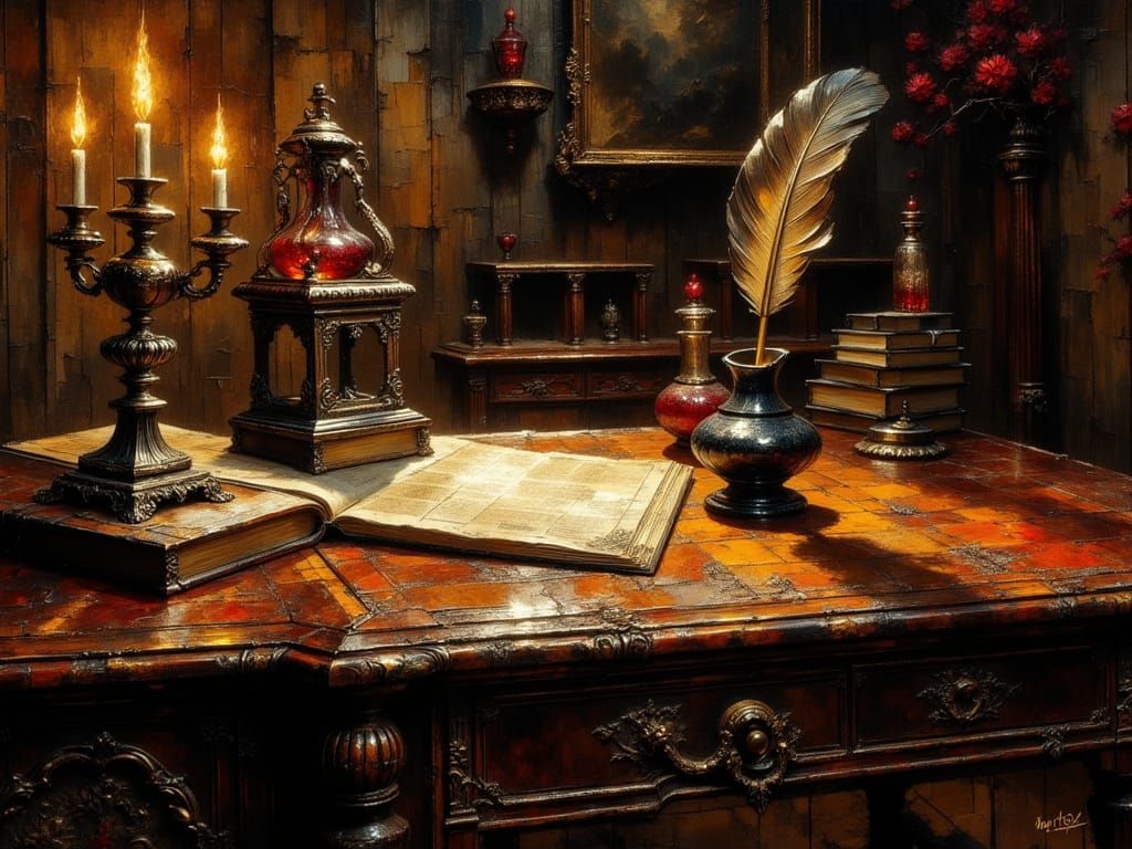 Baroque Oil Painting of Ornate Desk with Quill Pen