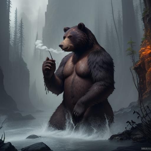 A bear smoking