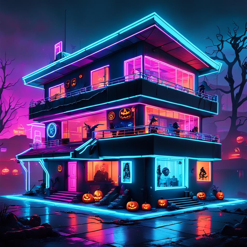 House decorated with neon lights and Halloween decorations.   by @Jen Jay