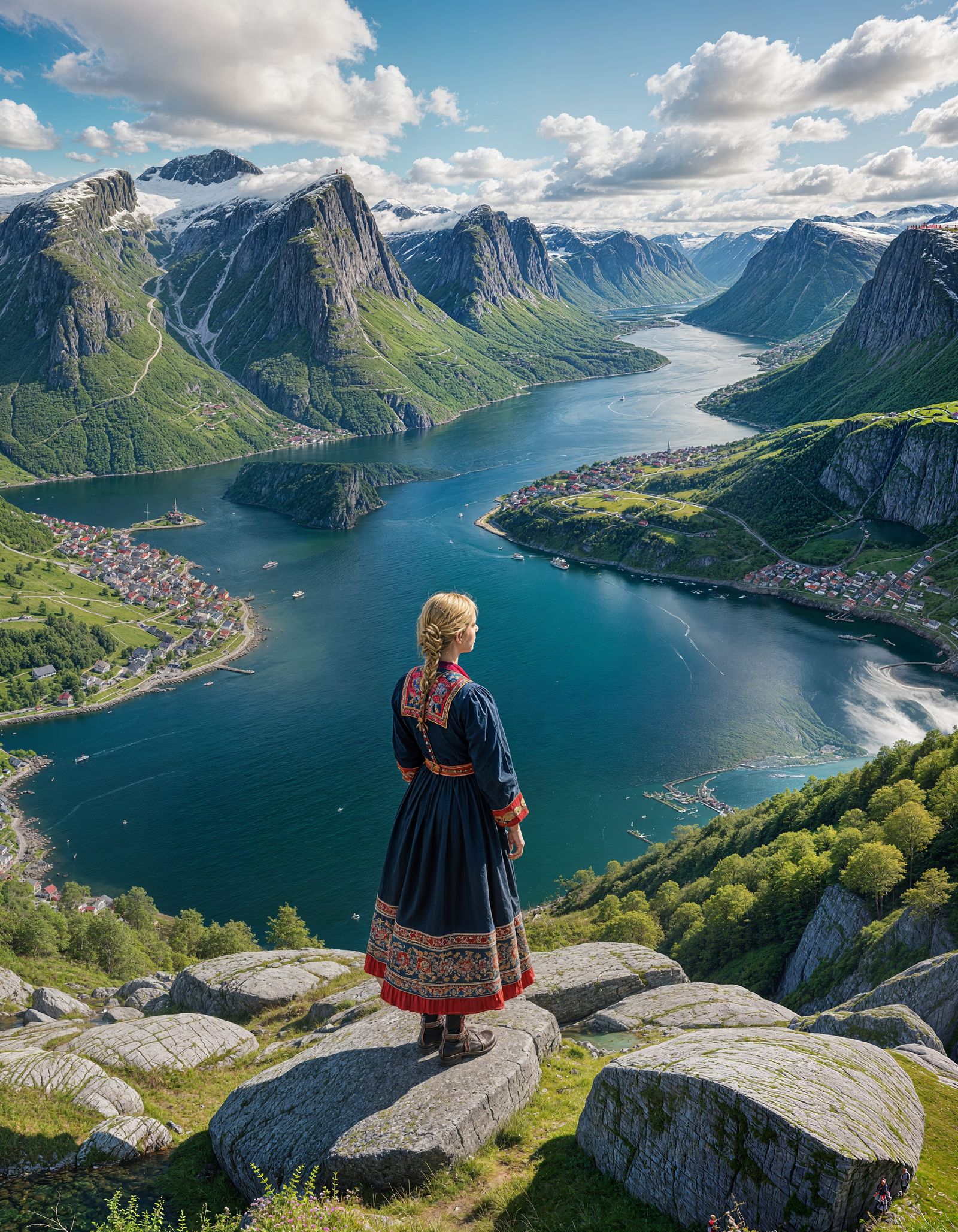 Norwegian Fjords photorealistic, rich in details, clear sunny day, view over the fjord from high ground. ...  by @Thaxam