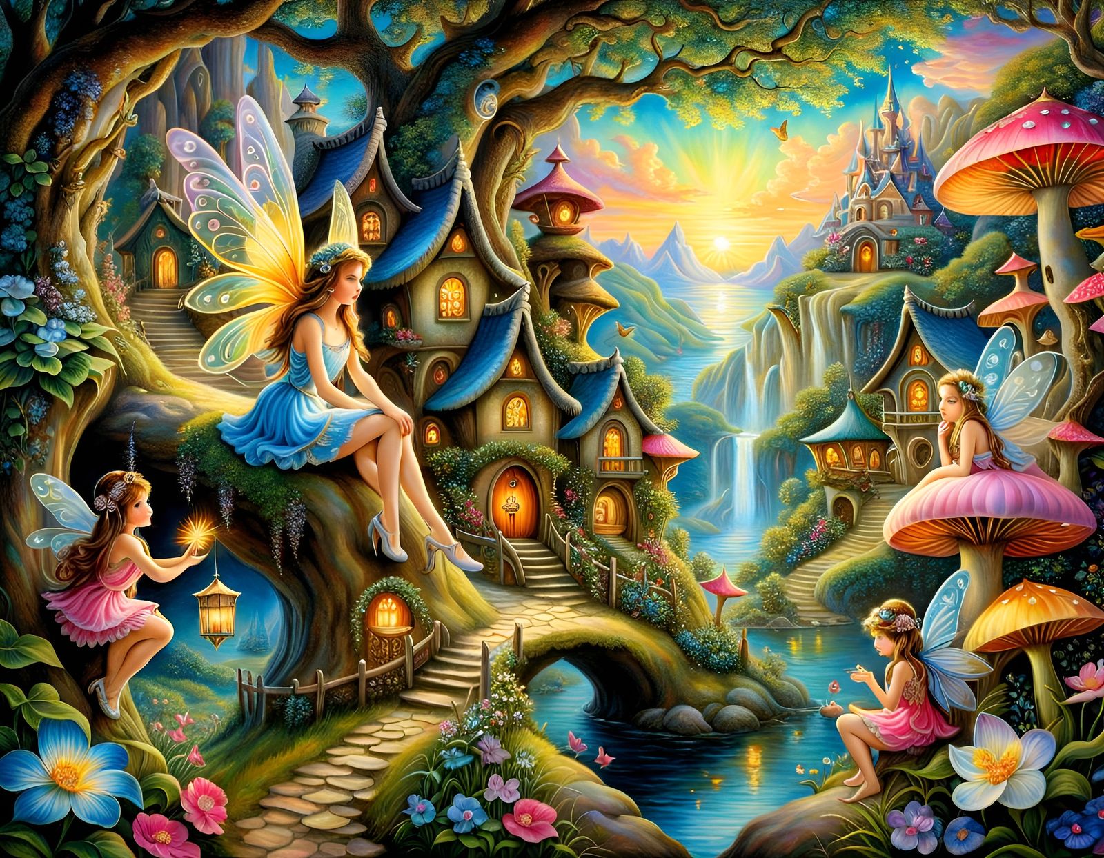Fantasy Village Scene with Tiny Fairy
