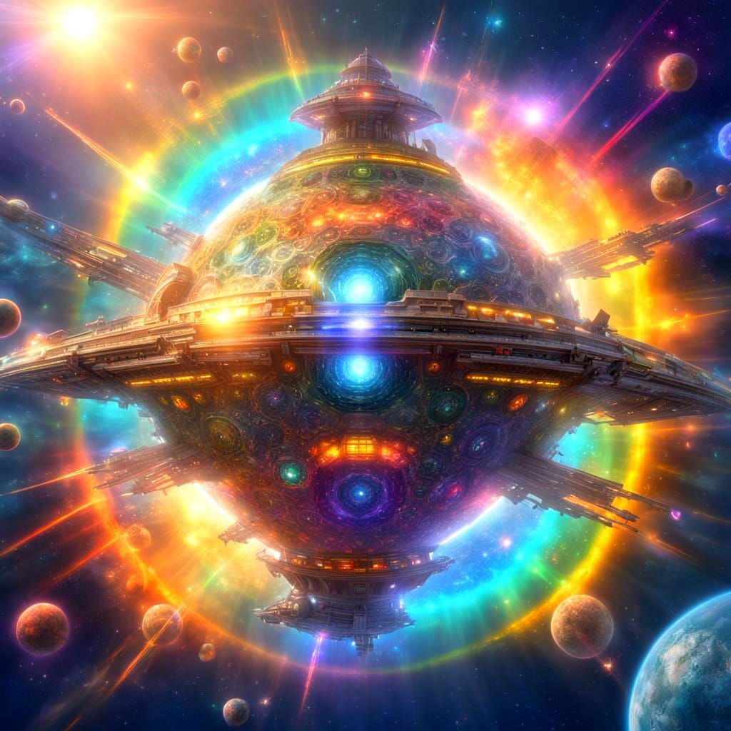 Rainbow Starship in Space: Digital Art Masterpiece