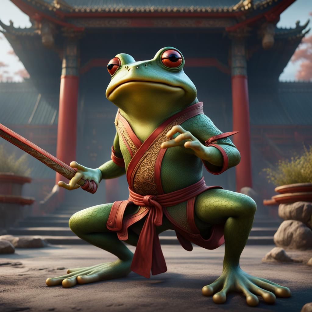 frog doing kungfu detailed matte painting, deep color, fanta...