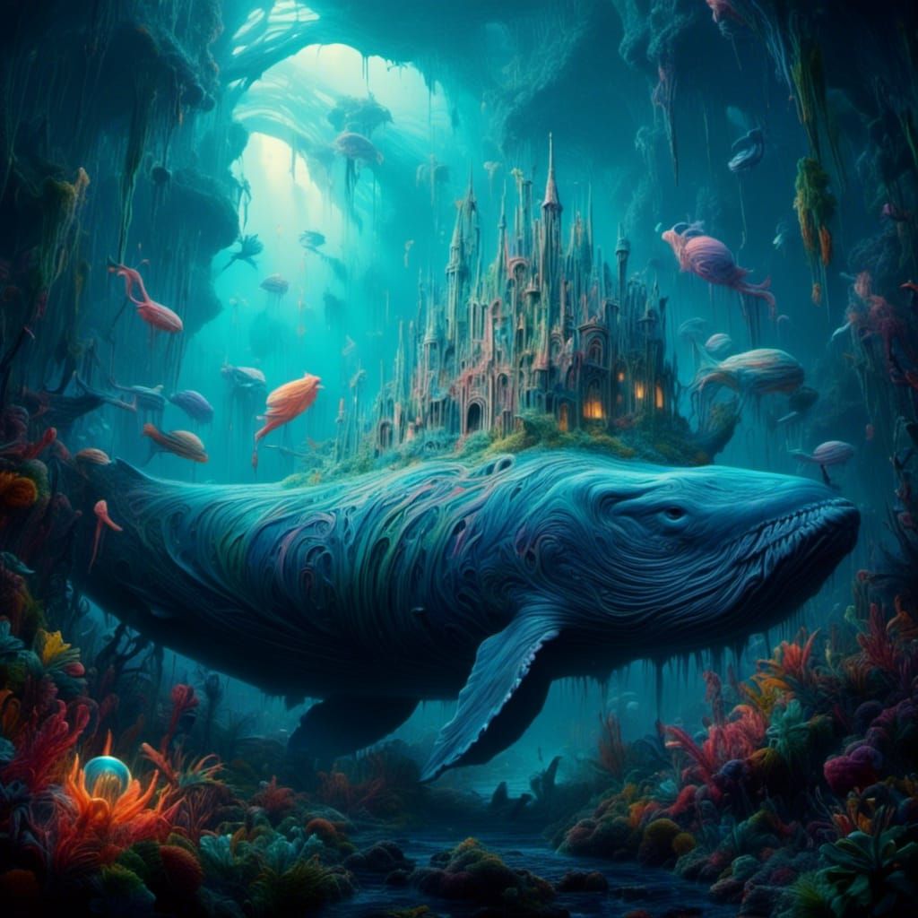 Cinematic fantasy landscape poster art by Wyland. Landscape. <lora:Wonky Houses ALIVE:1.0> Atlantis city sprawls across the back of an massi...