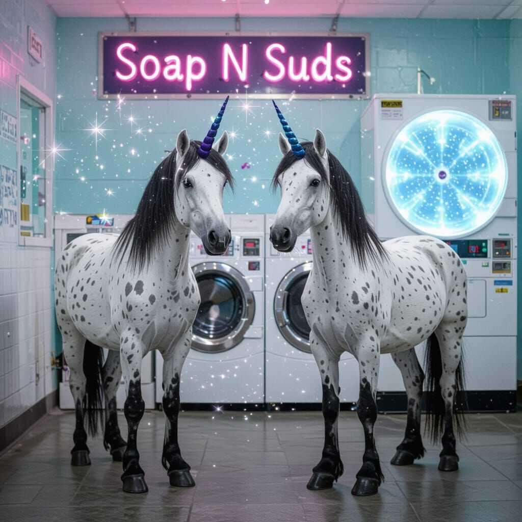 Two unicorns stand in Soap N Suds Laundromat. They look like gray Shetland ponies that have white spots and horns the color of obsidian. The...