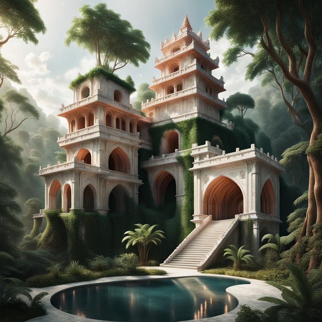biophilic hindu castle in a tropical forest by Aleksey Savrasov ...