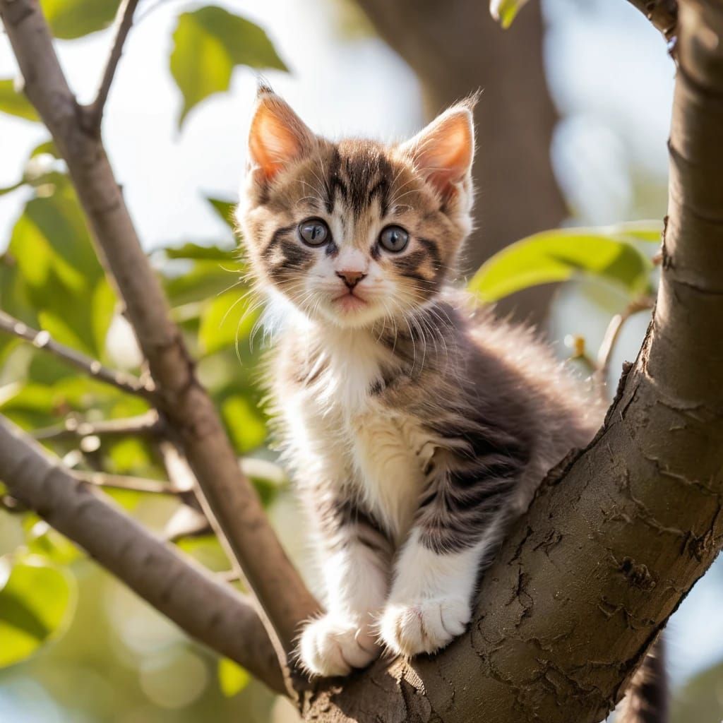 Kitten perched in a  tree