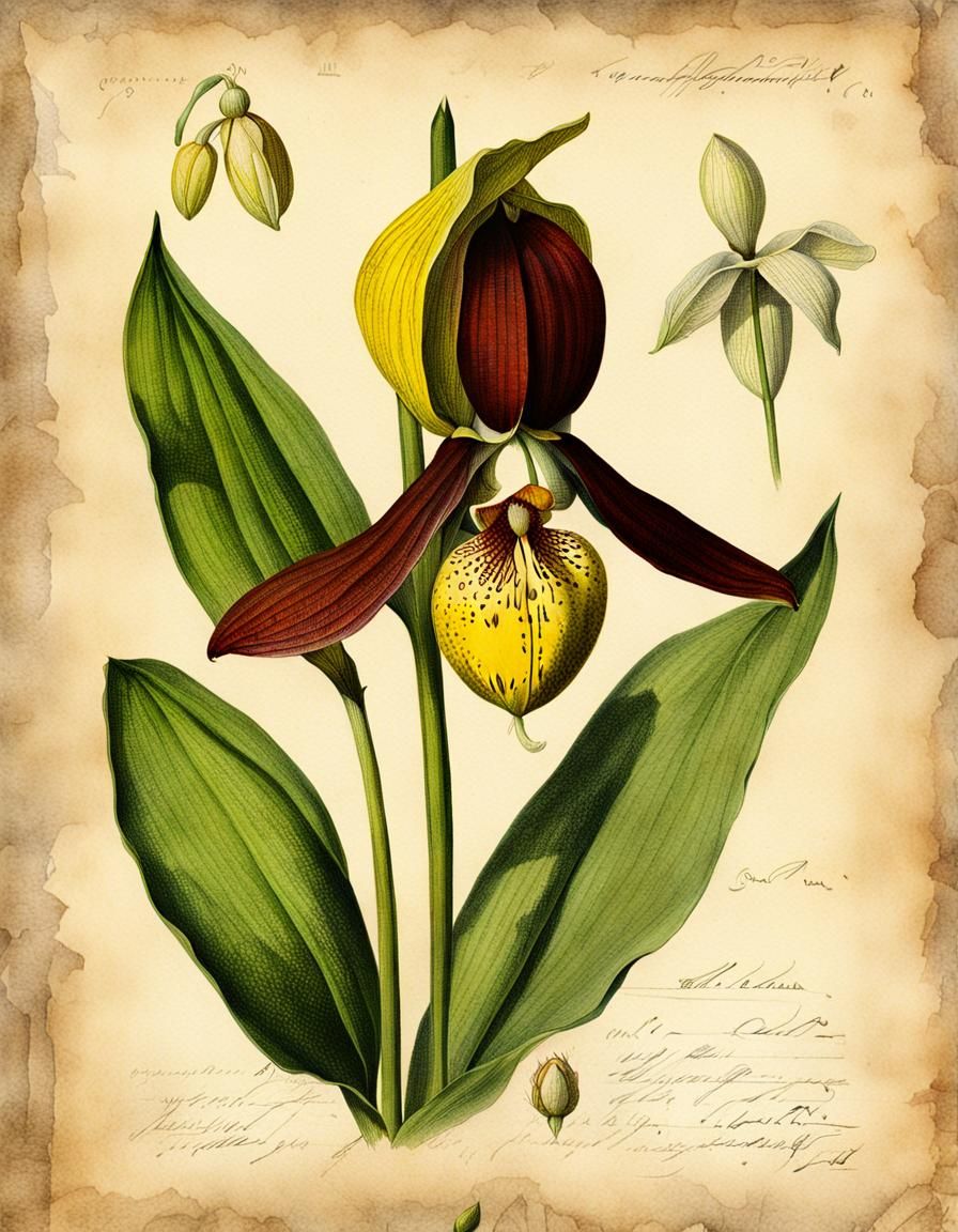  Cypripedium calceolus botanical drawing, old papier, textur...