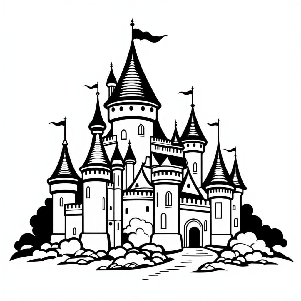 Castle, Black outlines, white background, sharp focus <lora:Coloring-Book-flux:1.0> 