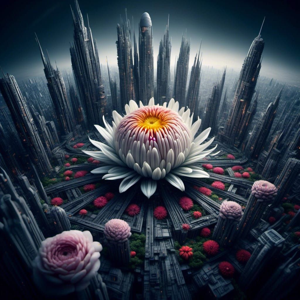 <lora:Bloomopolis:1.0> macrophotography of a diminutive futuristic city build between the petals of a flower
