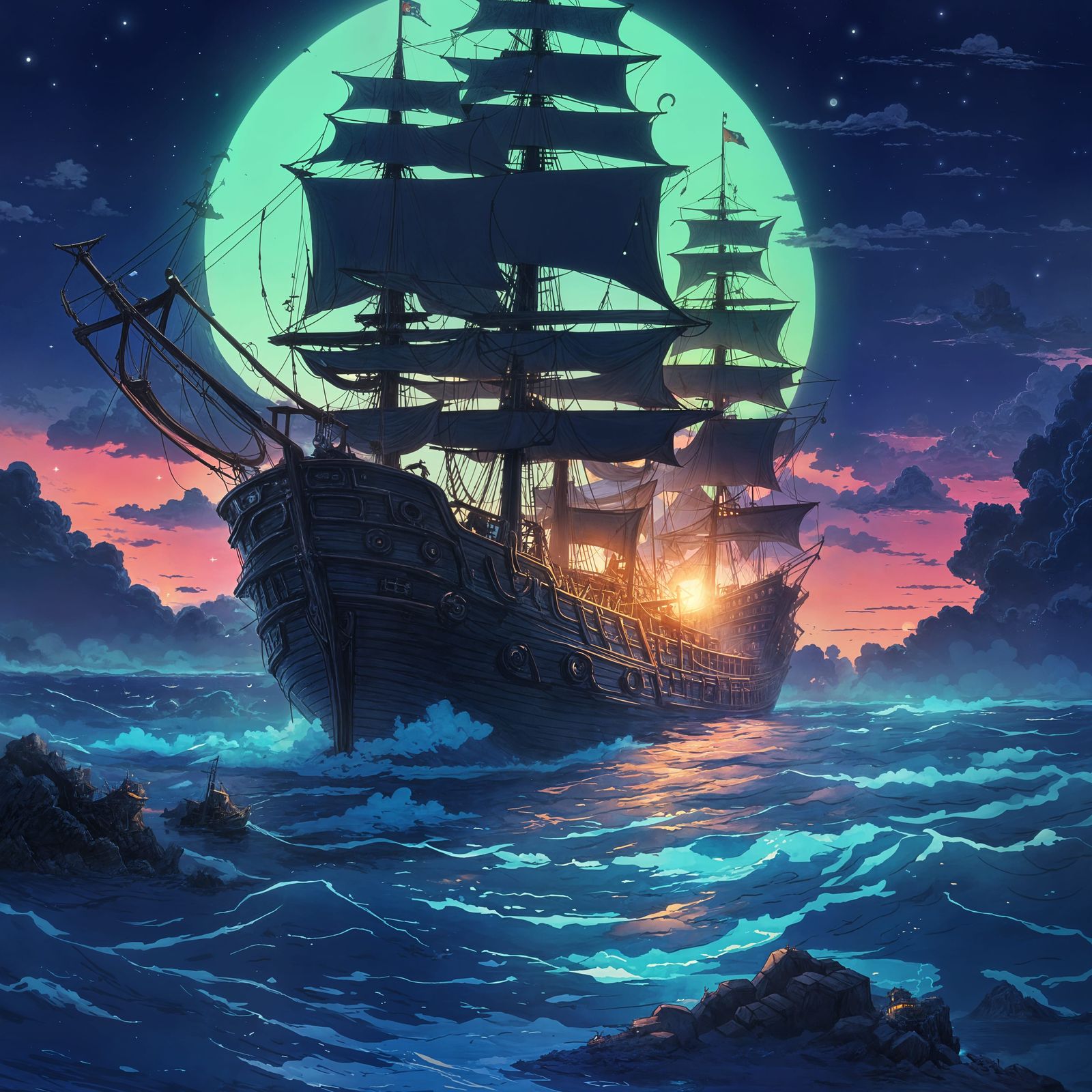 a pirate ship in the night, magical, blue neons on the sea, ...