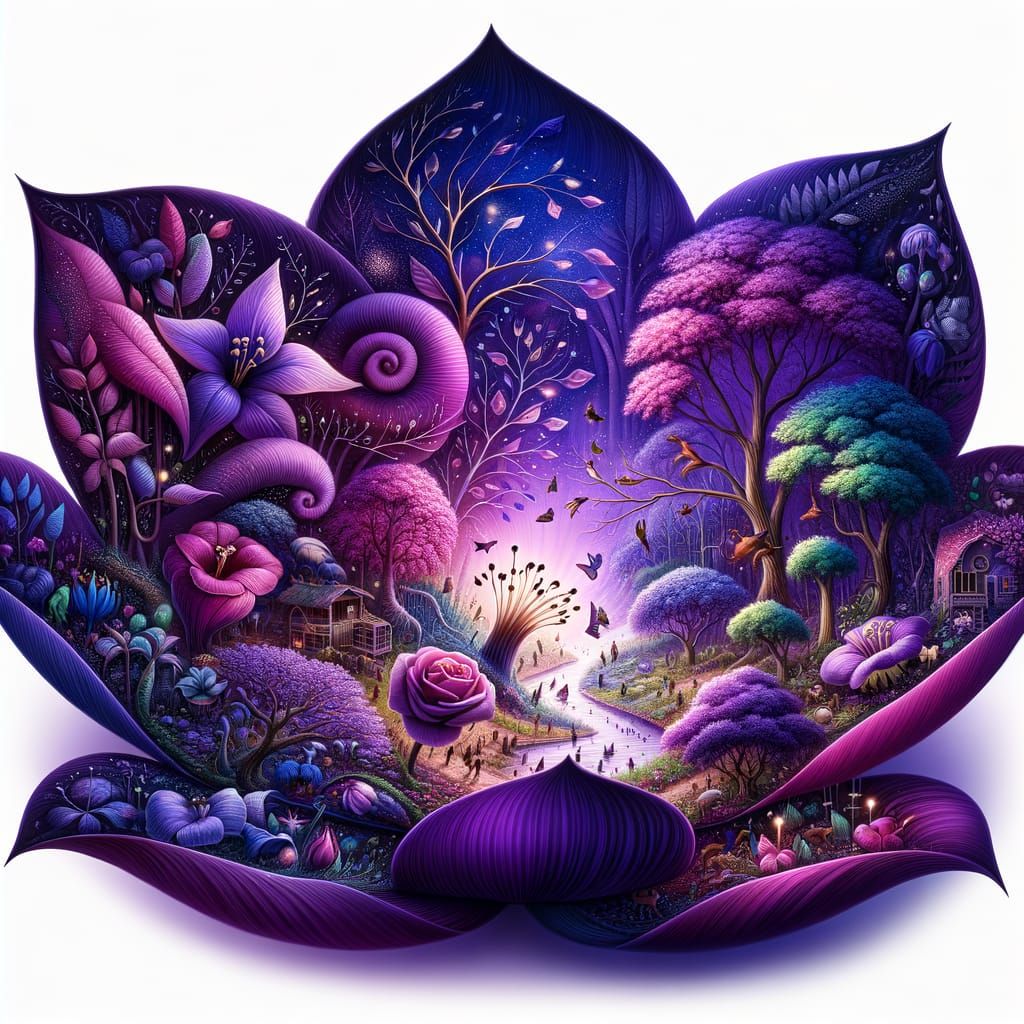 Enchanting forest scene, nestled within the petals of a blossoming flower  by @Patrick Francart