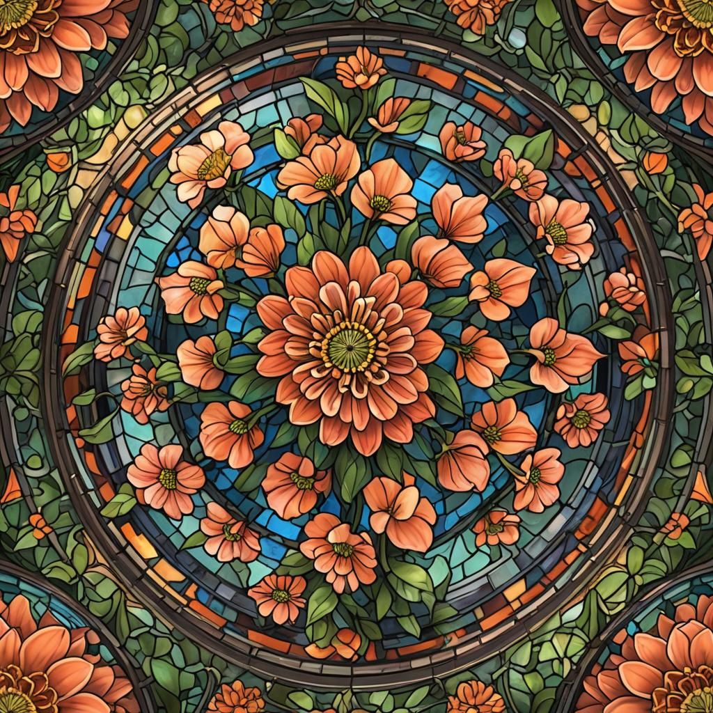 traditional stain glass round, small vibrant peach zinnia flower in ...