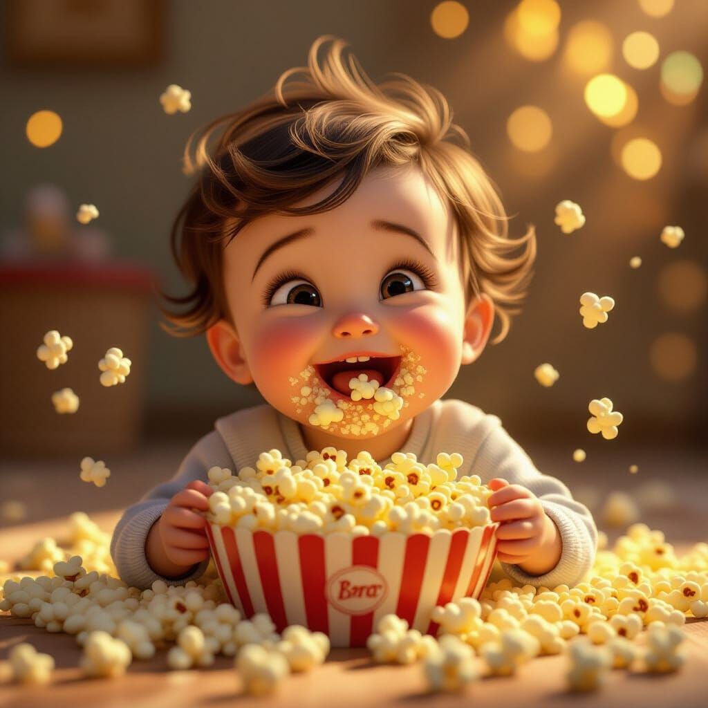 Joyful Baby Laughing While Eating Popcorn
