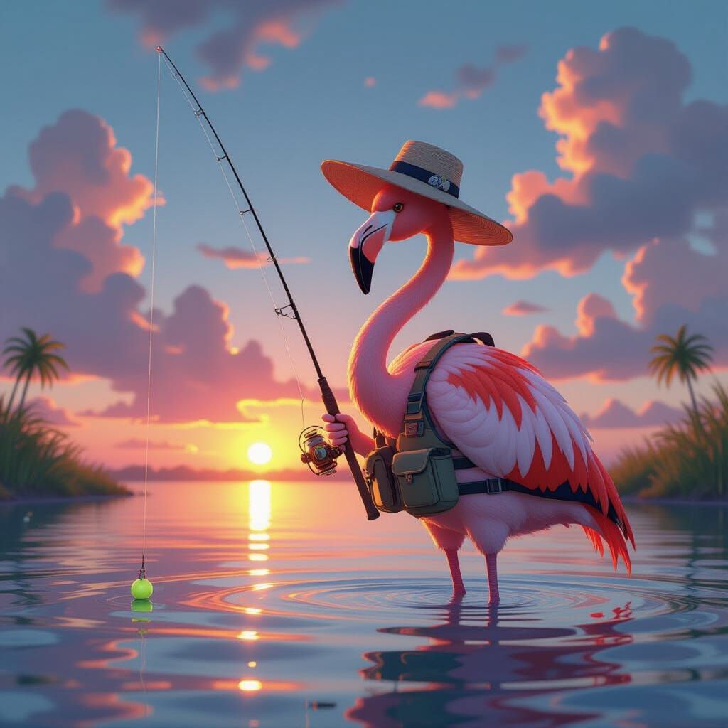 Elegant Flamingo Fishing in Tropical Waters: 3D Anime Art